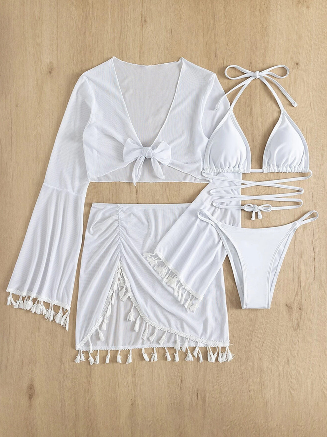 Halter Neck Bra, Bottom, Tassel Flare Sleeve Cover-Up and Skirt Four-Piece Swim Set