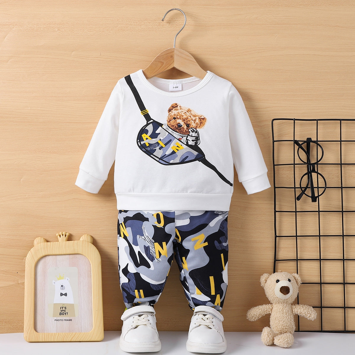 Bear Round Neck Top and Camouflage Pants Set