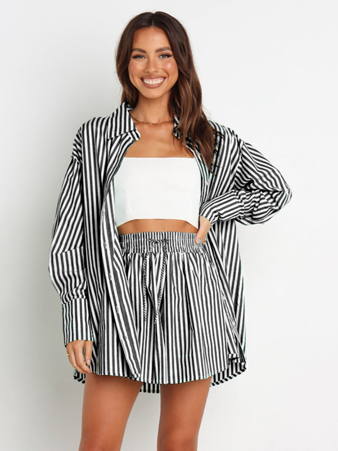 Striped Dropped Shoulder Shirt and Shorts Set