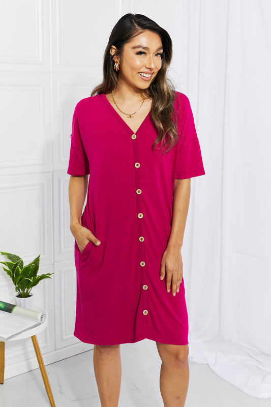 BOMBOM Sunday Brunch Button Down Knee-Length Dress in Magenta