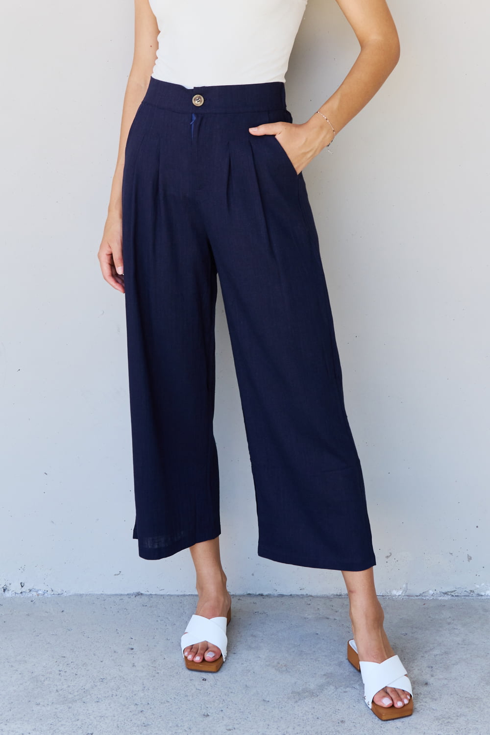 And The Why In The Mix Full Size Pleated Detail Linen Pants in Dark Navy