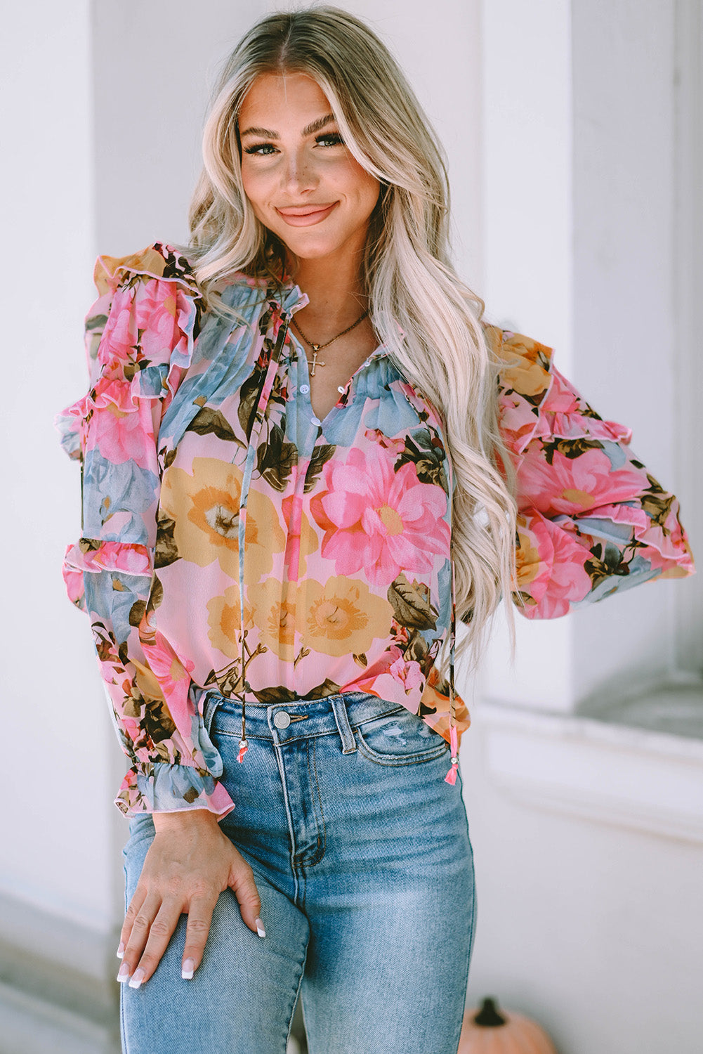 Ruffled Printed Tie Neck Flounce Sleeve Blouse