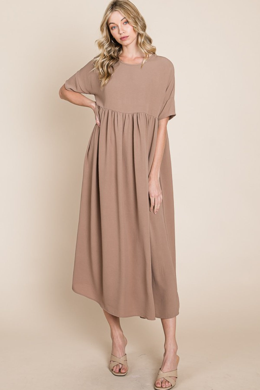 BOMBOM Round Neck Ruched Midi Dress