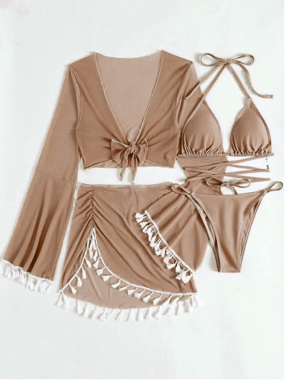 Halter Neck Bra, Bottom, Tassel Flare Sleeve Cover-Up and Skirt Four-Piece Swim Set