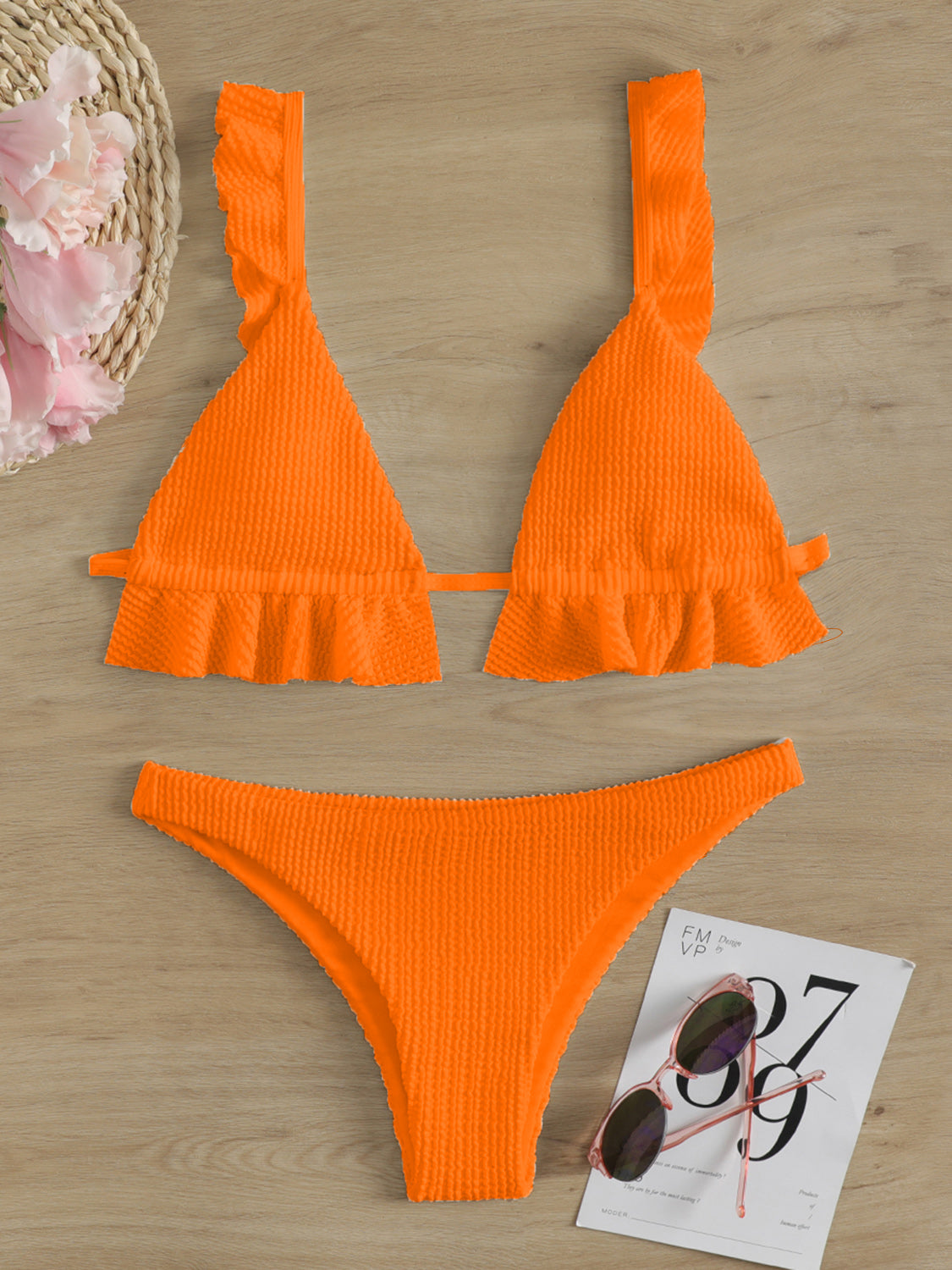 Ruffled Textured Wide Strap Two-Piece Bikini Set