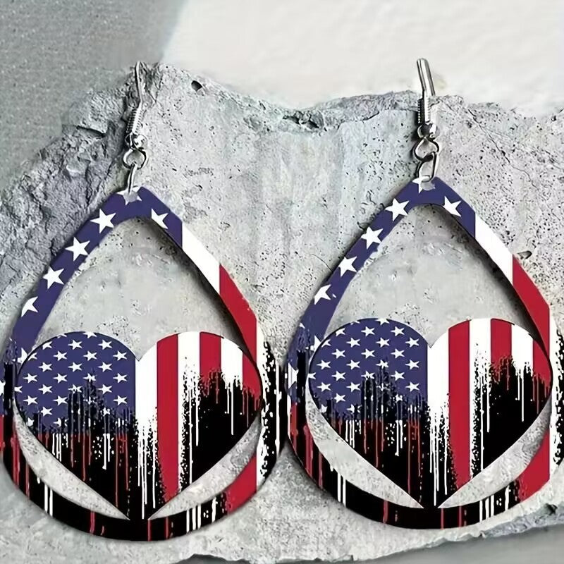 US Flag Pattern Wooden Earrings