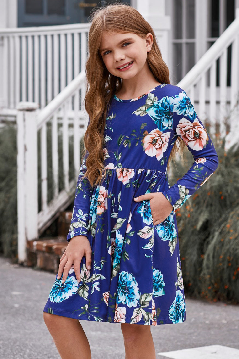 Girls Floral Long Sleeve Dress with Pockets