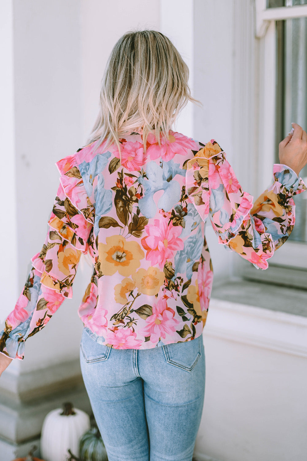 Ruffled Printed Tie Neck Flounce Sleeve Blouse