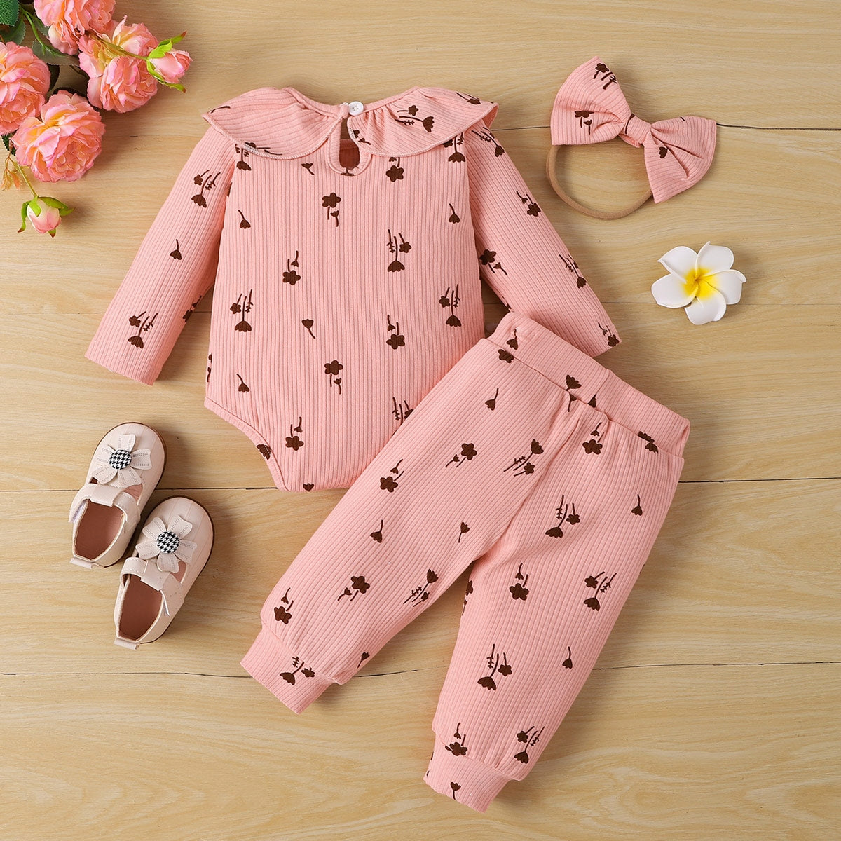 Bow Headband, Ruffled Printed Bodysuit and Pants Set